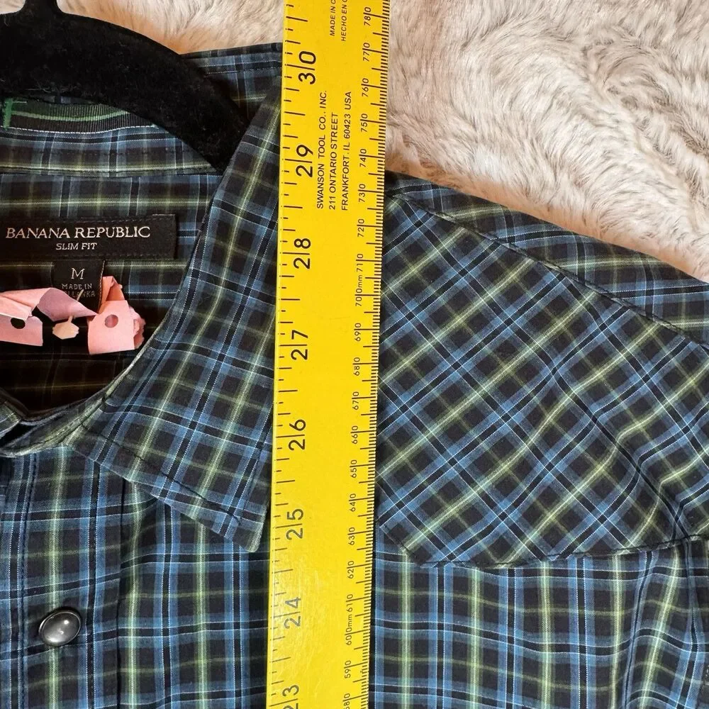 BANANA REPUBLIC‎ Shirt Slim Mens Size Medium Western Pearl Snap Green Blue Rodeo